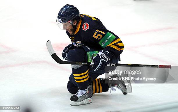 Jan Marek of the Atlant Mytishchi celebrates his goal during Game Four of the 2011 KHL Gagarin Cup Final Series against the Salavat Yulaev Ufa on...