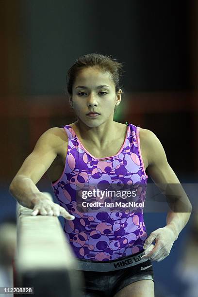 Jessica Lopez of Venezuela on the beam during practice prior to the 2011 FIG Gymnastics World Cup at The Kelvin Hall on April 14, 2011 in Glasgow,...