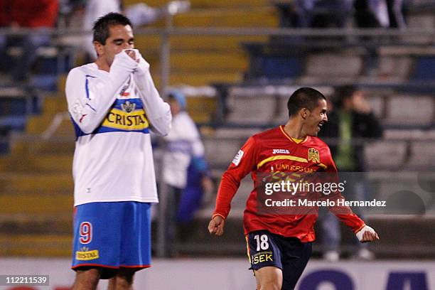 Kevin Harbottle of Union Espanola celebrates his goal against Universidad Catolica during the Santander Libertadores Cup 2011 at San Carlos de...