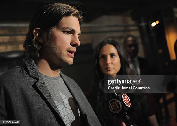 Actors Ashton Kutcher and Demi Moore speak to the media at the launch party for "Real Men Don't Buy Girls" at Steven Alan Annex on April 14, 2011 in...