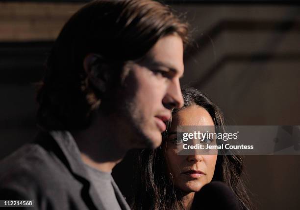 Actors Ashton Kutcher and Demi Moore speak to the media at the launch party for "Real Men Don't Buy Girls" at Steven Alan Annex on April 14, 2011 in...