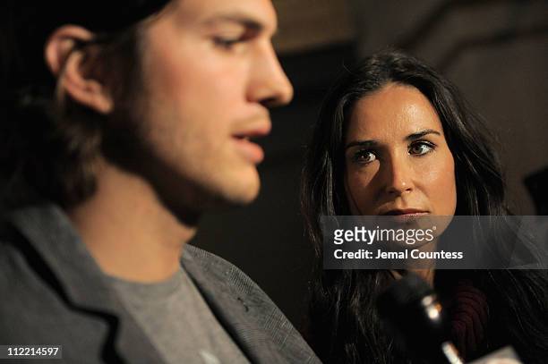 Actors Ashton Kutcher and Demi Moore speak to the media at the launch party for "Real Men Don't Buy Girls" at Steven Alan Annex on April 14, 2011 in...