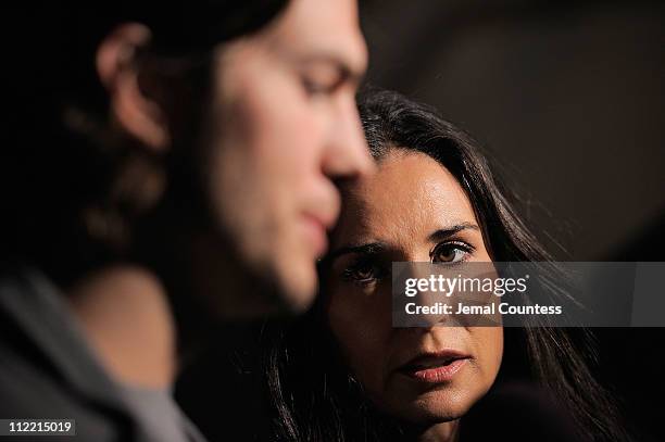 Actors Ashton Kutcher and Demi Moore speak to the media at the launch party for "Real Men Don't Buy Girls" at Steven Alan Annex on April 14, 2011 in...