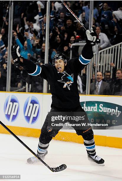 Joe Pavelski of the San Jose Sharks celebrates after scoring the winning goal in overtime against the Los Angeles Kings in Game One of the Western...