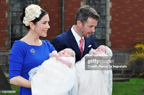 Crown Princess Mary and Crown Prince Frederik of Denmark pose after the christening of their twins Prince Vincent and Princess Josephine at Holmens...