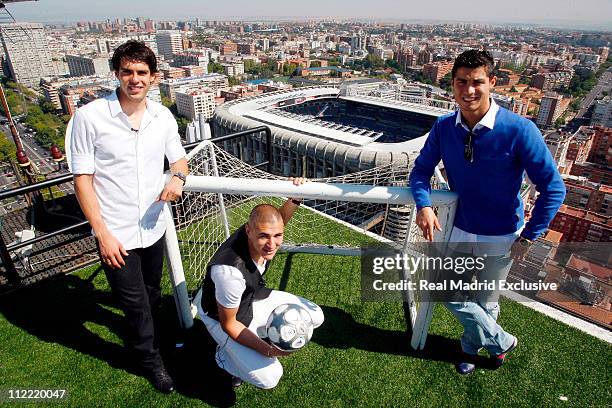 Kaka, Karim Benzema and Cristiano Ronaldo of Real Madrid pose during an interview at Torre Europa on September 29, 2009 in Madrid, Spain.