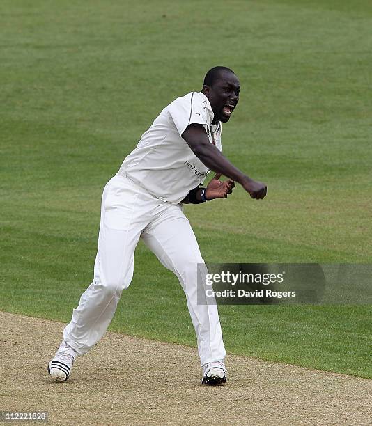 Robbie Joseph of Kent celebrates after taking the wicket of Mal Loye during the LV County Championship Division Two match between Northamptonshire...