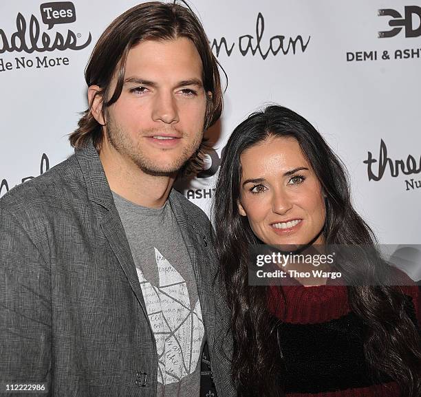 Ashton Kutcher and Demi Moore attend the launch party for "Real Men Don't Buy Girls" at Steven Alan Annex on April 14, 2011 in New York City.