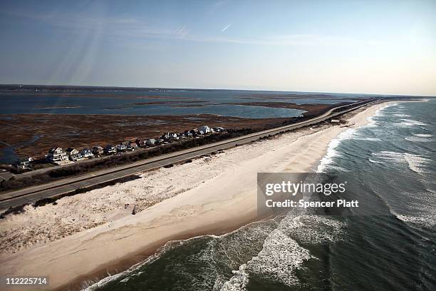 An aerial view of the area near Gilgo Beach and Ocean Parkway on Long Island where police have been conducting a prolonged search after finding ten...