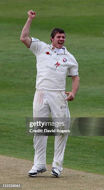 Matt Coles of Kent celebrates after taking the wicket of Chaminda Vaas during the LV County Championship Division Two match between Northamptonshire...