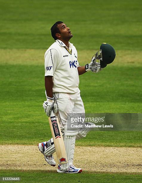 Samit Patel of Nottinghamshire celebrates his century during the second day of the LV County Championship match between Nottinghamshire and Hampshire...