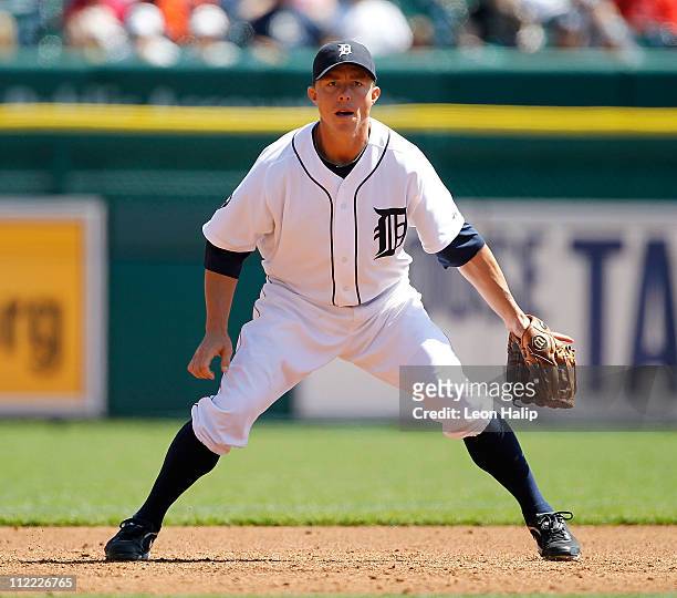 Brandon Inge of the Detroit Tigers during the game against the Texas Rangers at Comerica Park on April 13, 2011 in Detroit, Michigan. The Tigers...