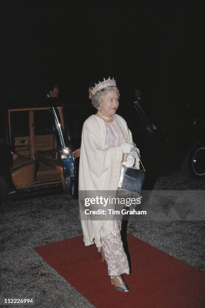 Queen Elizabeth II attending a banquet at the Schloss Charlottenburg in Berlin, during an official State Visit to Germany, 21 October 1992.