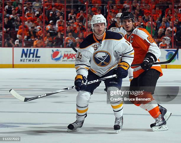 Tim Connolly of the Buffalo Sabres skates against the Philadelphia Flyers in Game One of the Eastern Conference Quarterfinals during the 2011 NHL...