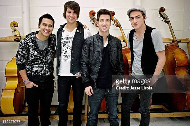 Carlos Pena, James Maslow, Logan Henderson and Kendall Schmidt of Big Time Rush are seen at Sycamore High School for their performance on October 29,...