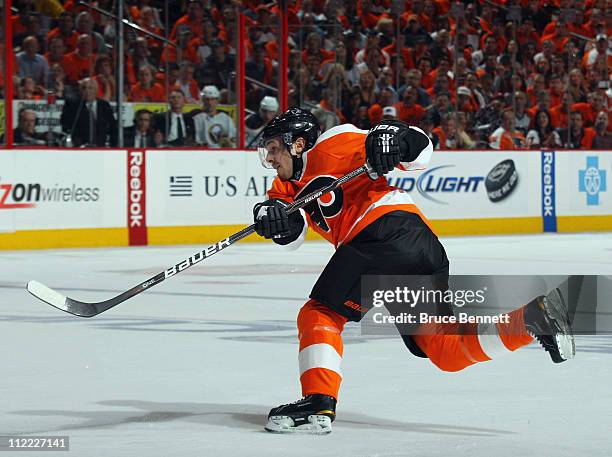 Danny Briere of the Philadelphia Flyers takes the shot against the Buffalo Sabres in Game One of the Eastern Conference Quarterfinals during the 2011...