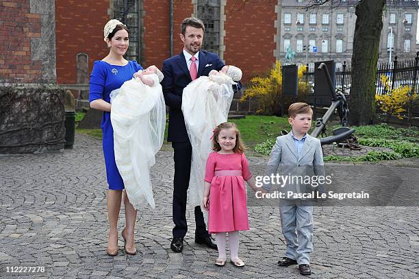 Crown Princess Mary of Denmark and Crown Prince Frederik of Denmark with Princess Isabella of Denmark and Prince Christian of Denmark pose after the...