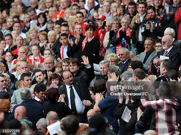 In this handout image provided by Liverpool FC, Former Manager Rafael Benitez of Liverpool FC acknowledges the crowd during the Hillsborough memorial...
