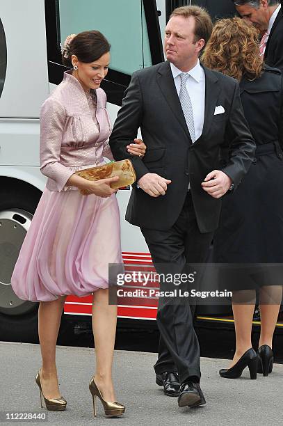 Prince Gustav of Sayn-Wittgenstein-Berleburg and Carina Axelsson arrive to attend the christening of Crown Prince Frederik and Crown Princess Mary's...