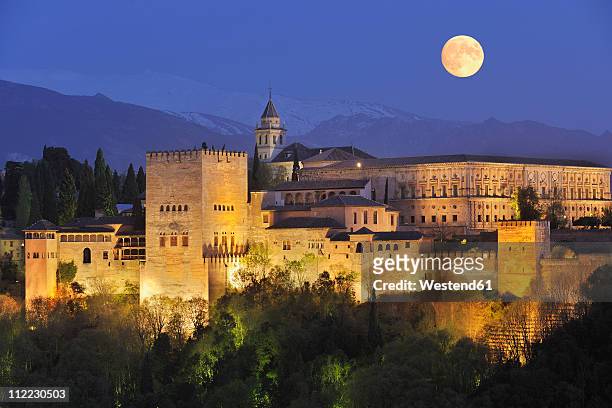 spain, andalusia, granada province, view of alhambra palace illuminated at night - alhambra granada stock-fotos und bilder