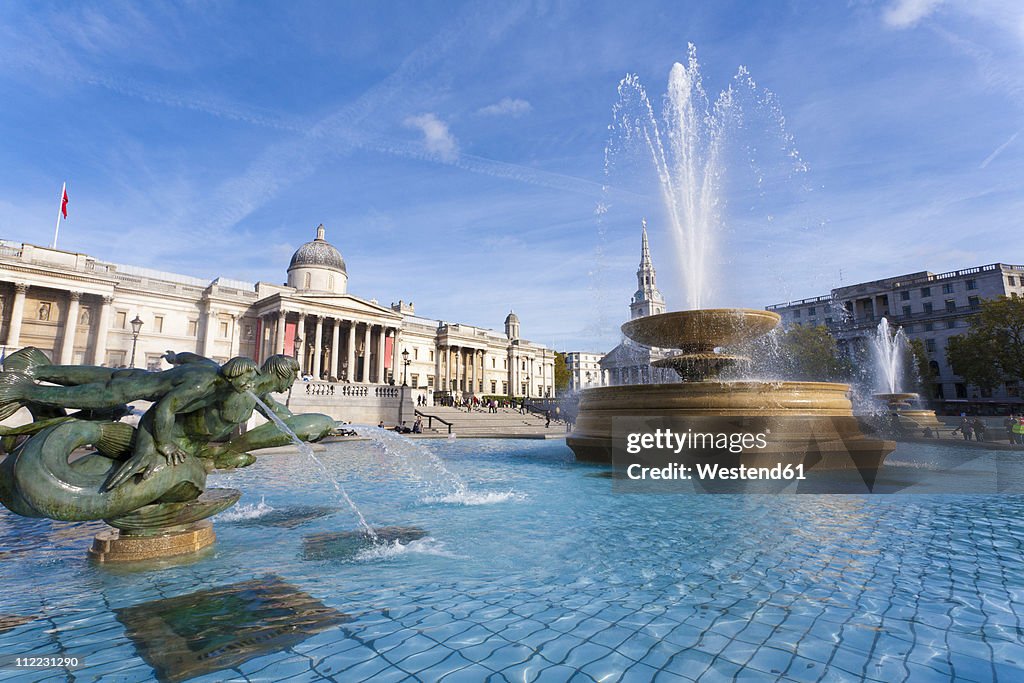 Great Britain, England, London, Trafalgar Square, VIew of fountain at national gallery museum