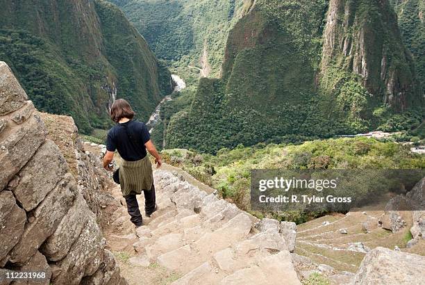 a young man checks out the scenery and ruins of machu picchu. - machu pichu stock pictures, royalty-free photos & images