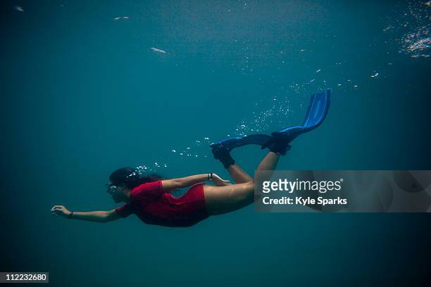 a young hispanic woman free dives in the caribbean sea. - saint kitts stockfoto's en -beelden