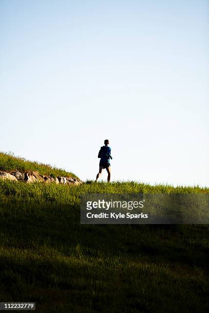a man wearing a blue jacket runs along a trail in rockefeller state park in sleepy hollow, new york. - westchester county stock pictures, royalty-free photos & images