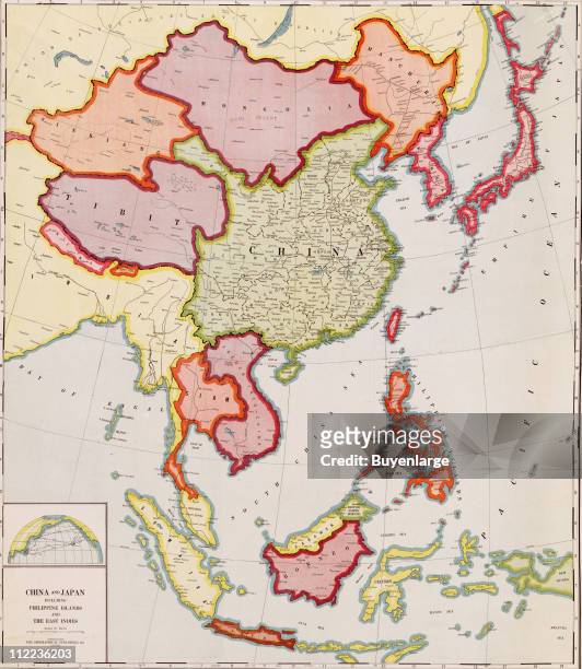 Map of China and Japan, including the Philippine Islands and the East Indies, 1932. Illustration by Geographical Publishing Company.