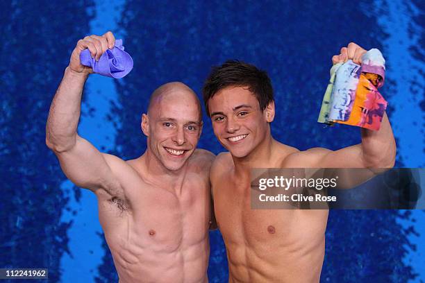 Peter Waterfield and Tom Daley of Great Britain celebrate after winning the Men's 10m Syncro Final during the FINA World Series Diving at Ponds Forge...