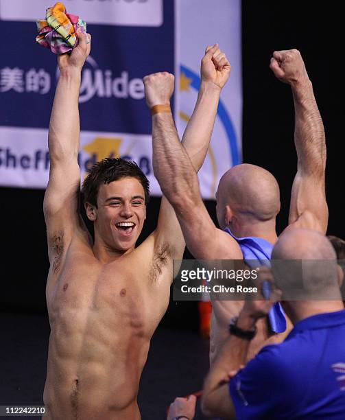 Tom Daley of Great Britain celebrates with Peter Waterfield after winning the Men's 10m Syncro Final during the FINA World Series Diving at Ponds...