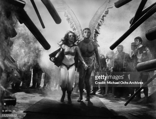 Actors John Phillip Lawand Jane Fonda in a scene from the movie 'Barbarella' in 1968 in Rome, Italy.