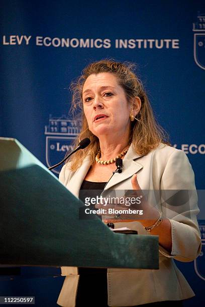 Lori Wallach, president of Global Trade Watch, speaks at the Levy Economics Institute conference in New York, U.S., on Thursday, April 14, 2011. The...