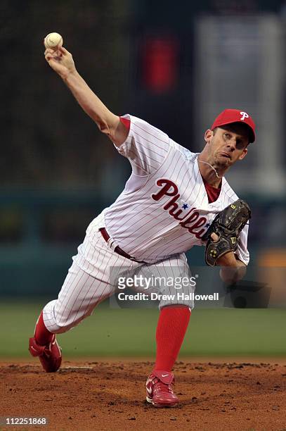Starting pitcher Roy Oswalt of the Philadelphia Phillies delivers a pitch during the game against the Florida Marlins at Citizens Bank Park on April...