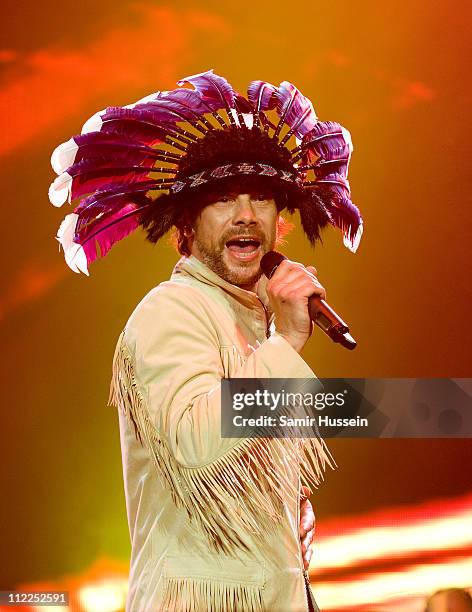 Jay Kay of Jamiroquai performs at the O2 Arena on April 15, 2011 in London, England.