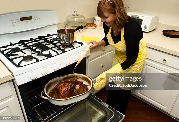 mom basting a holiday turkey - basted stock pictures, royalty-free photos & images