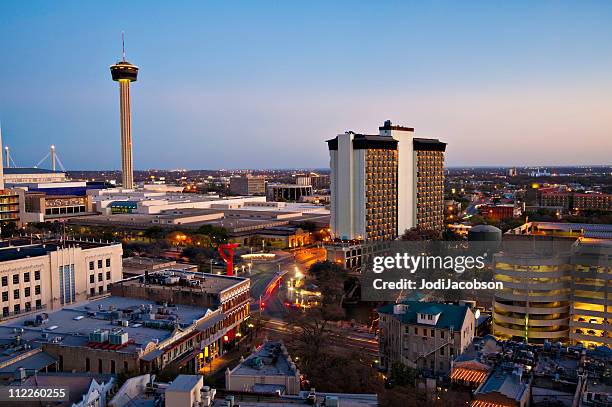 san antonio skyline aerial - tower of the americas stock pictures, royalty-free photos & images