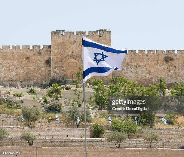 bandera israelí y de jerusalén pared - bandera de israel fotografías e imágenes de stock