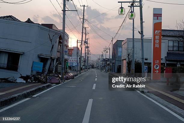 Sun sets at no man's Minamisoma on April 15, 2011 in Minamisoma, Fukushima, Japan. Japanese government ordered all the residents to evacuate from...