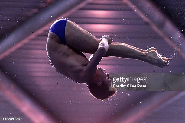 Tom Daley of Great Britain competes in the Men's 10m platform semi-finals on day two of the FINA World Series Diving at Ponds Forge International...