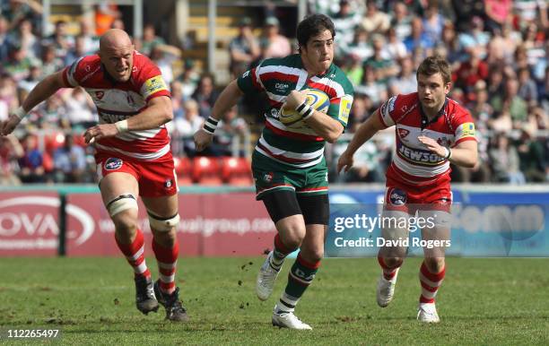 Horacio Agulla of Leicester races clear during the Aviva Premiership match between Leicester Tigers and Gloucester at Welford Road on April 16, 2011...