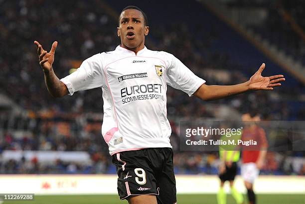 Abel Hernandez of Palermo celebrates after scoring his second goal during the Serie A match between AS Roma and US Citta di Palermo at Stadio...