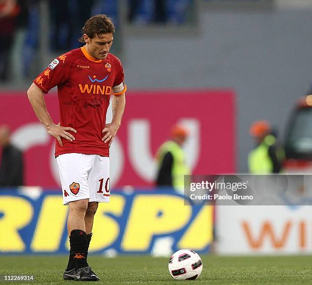 Francesco Totti of AS Roma shows his dejection during the Serie A match between AS Roma and US Citta di Palermo at Stadio Olimpico on April 16, 2011...