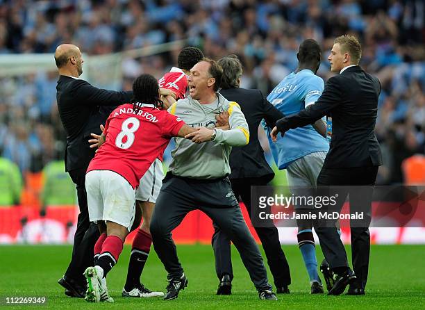 Attilio Lombardo and David Platt of Man City clashes with Anderson of Man Utd at the final whistle during the FA Cup sponsored by E.ON semi final...