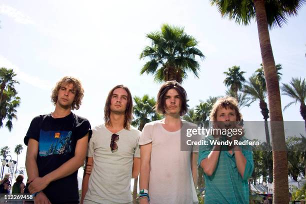 Jay Watson, Kevin Parker, Dominic Simper and Nick Allbrook of Tame Impala pose backstage during the first day of Coachella Valley Music Festival on...