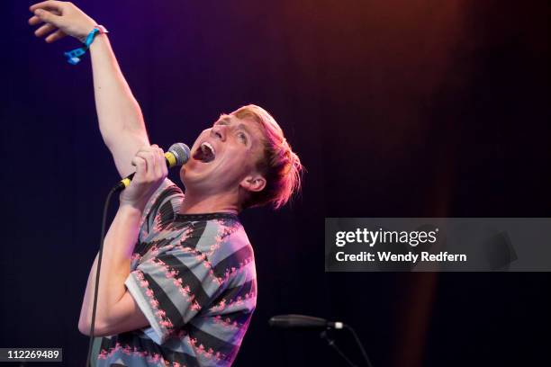 Jonathan Pierce of The Drums performs on stage during the first day of Coachella Valley Music Festival on April 15, 2011 in Coachella, United States.