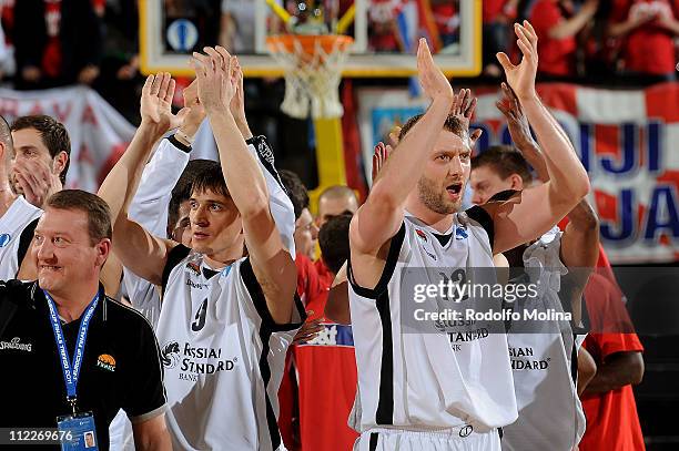 Vladimir Veremeenko, #12 of Unics Kazan and Petr Samoylenko, #9 celebrates at the end of the Semifinal 1 Eurocup Finals Treviso 2011 between Unics vs...