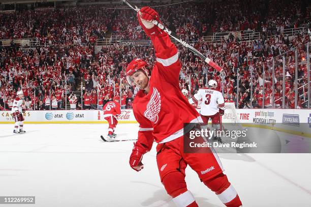 Darren Helm of the Detroit Red Wings celebrates his goal in Game Two of the Western Conference Quarterfinals during the 2011 NHL Stanley Cup Playoffs...