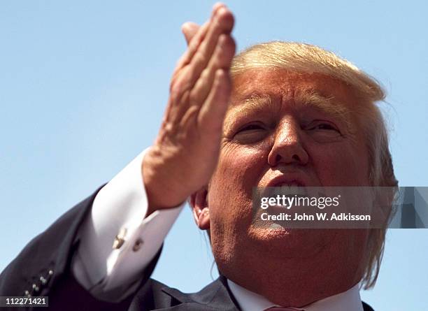 Billionaire Donald Trump speaks to a crowd at the 2011 Palm Beach County Tax Day Tea Party on April 16, 2011 at Sanborn Square in Boca Raton,...