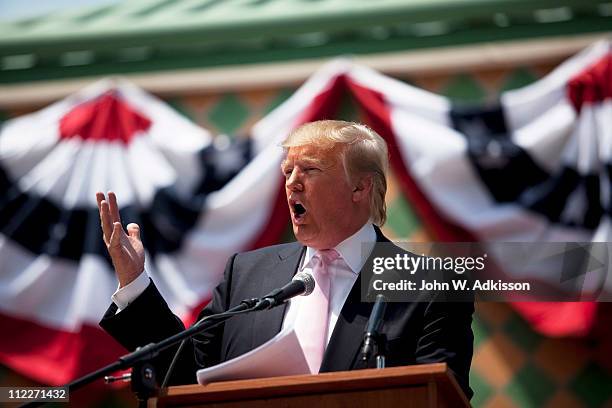 Billionaire Donald Trump speaks to a crowd at the 2011 Palm Beach County Tax Day Tea Party on April 16, 2011 at Sanborn Square in Boca Raton,...